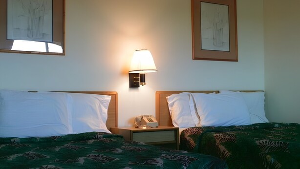 A hotel room with two beds, a nightstand with a lamp, and two framed artworks on the wall. - America's Value Inn Mexico (Mexico)