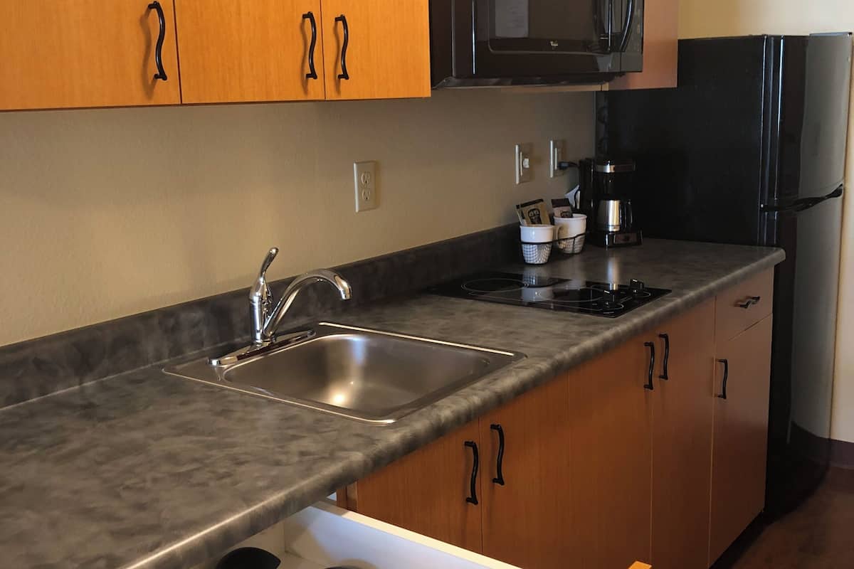 deluxe studio suite, 1 queen bed | private kitchenette | fridge, microwave, coffee/tea maker, cookware/dishes/utensils