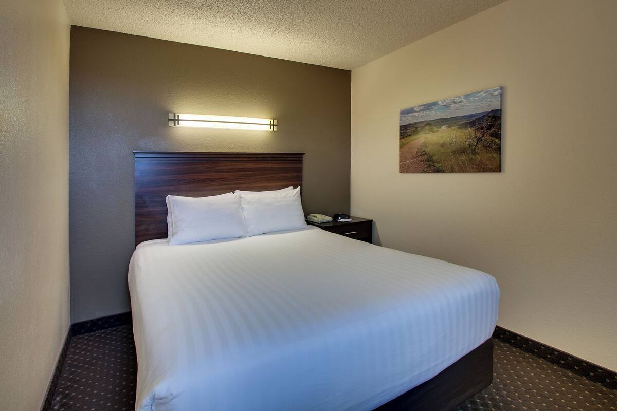 A hotel room with a large bed, a nightstand, a wall-mounted lamp, and a painting on the wall.