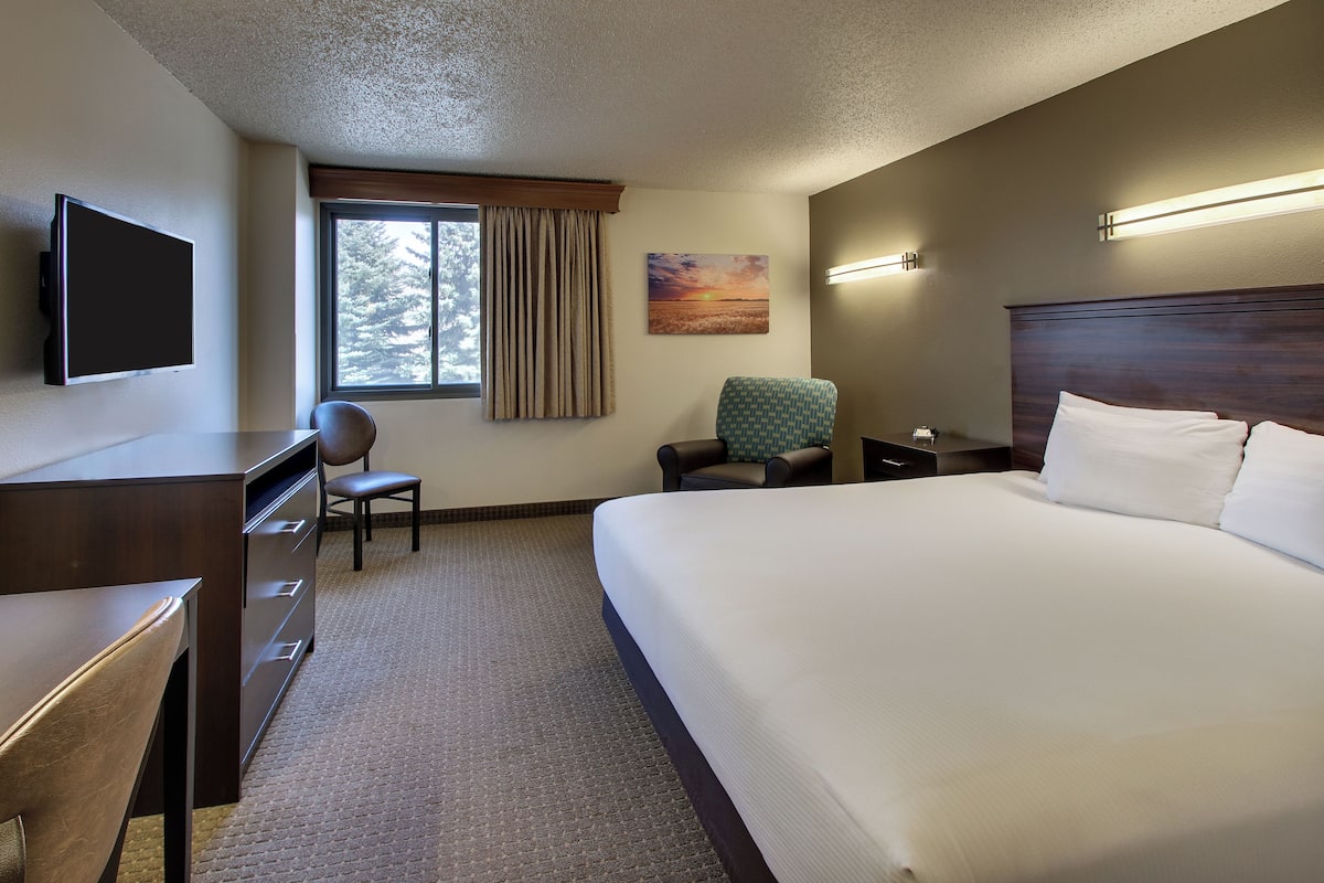 A hotel room with a large bed, a desk, a chair, a television, and a window with curtains.