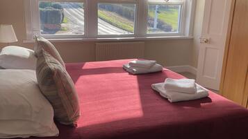 Un dormitorio con cama, almohadas, una ventana que ofrece vistas a una carretera y vegetación, y un radiador.