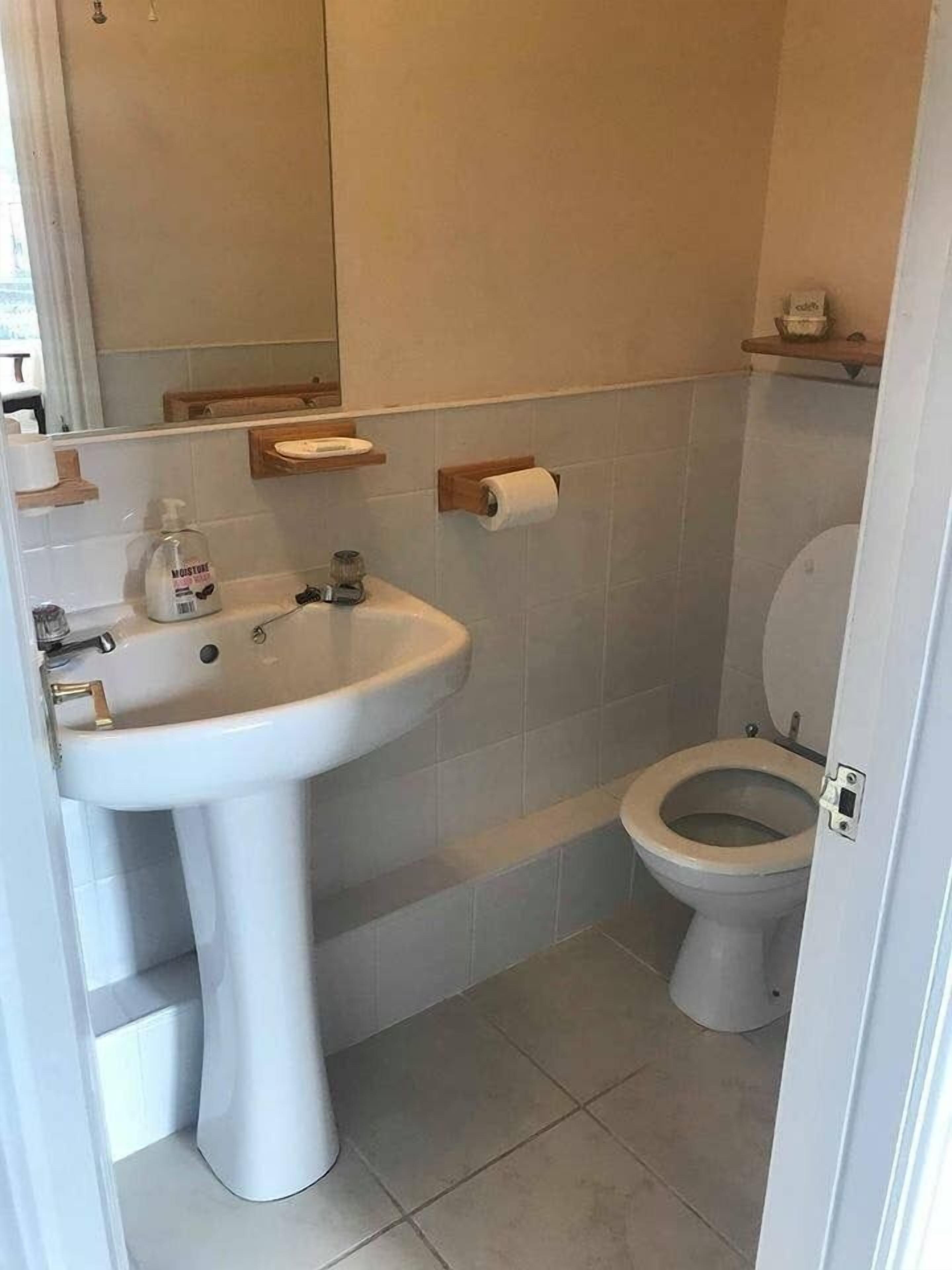 A bathroom with a white sink, toilet, and a mirror above the sink.