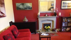 Una sala de estar con un sofá rojo, una chimenea, una estantería y un cuadro en la pared.
