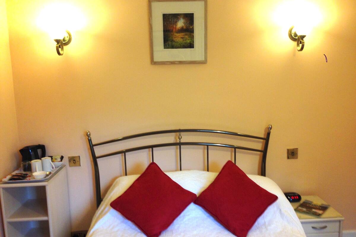 A neatly made bed with two red pillows, a bedside table with a kettle and cups, and a framed picture on the wall.