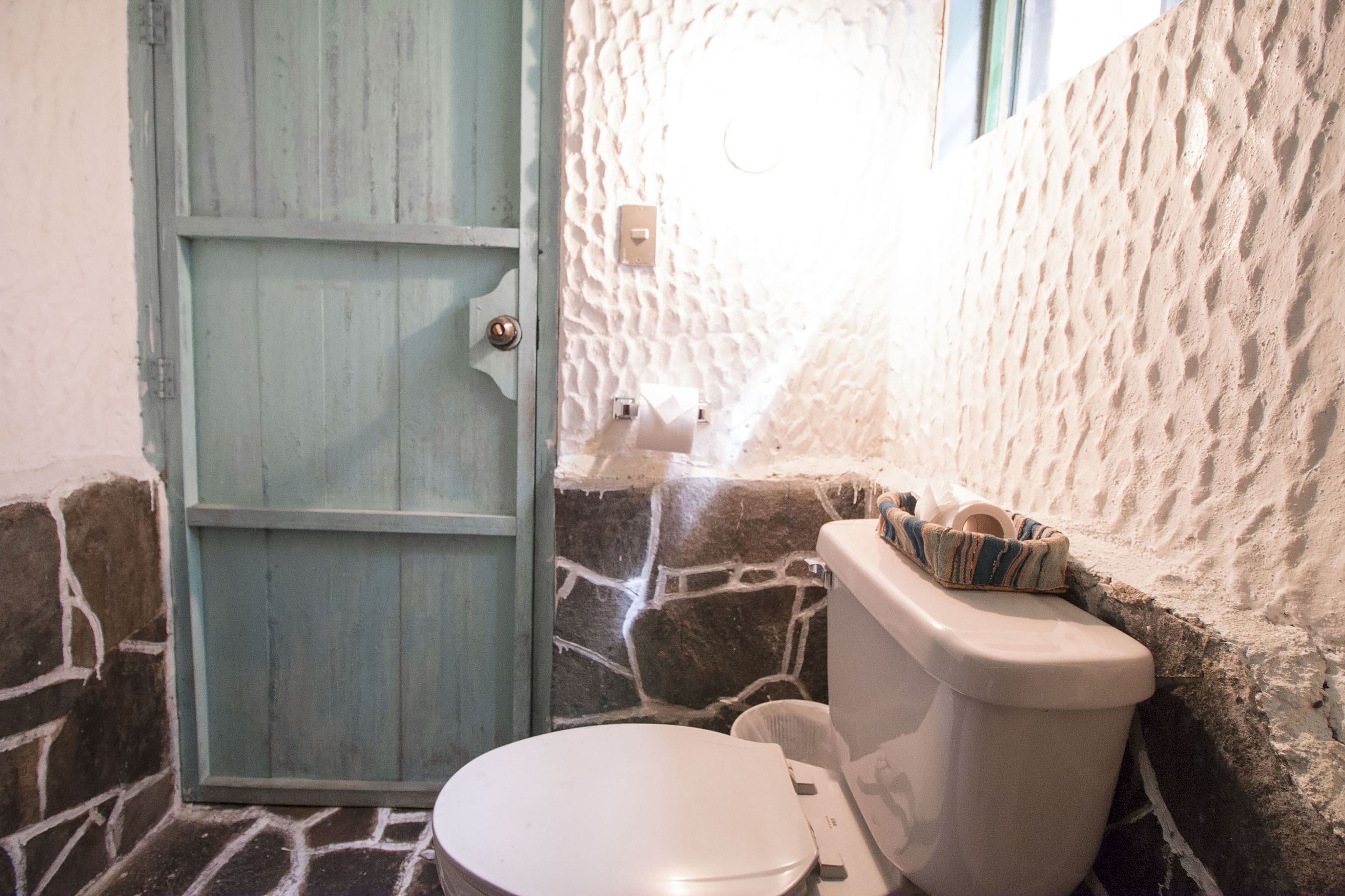 Et badeværelse med en stenvæg, et hvidt toilet og en blå dør.