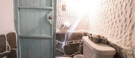 A bathroom with a stone wall, a white toilet, and a blue door.