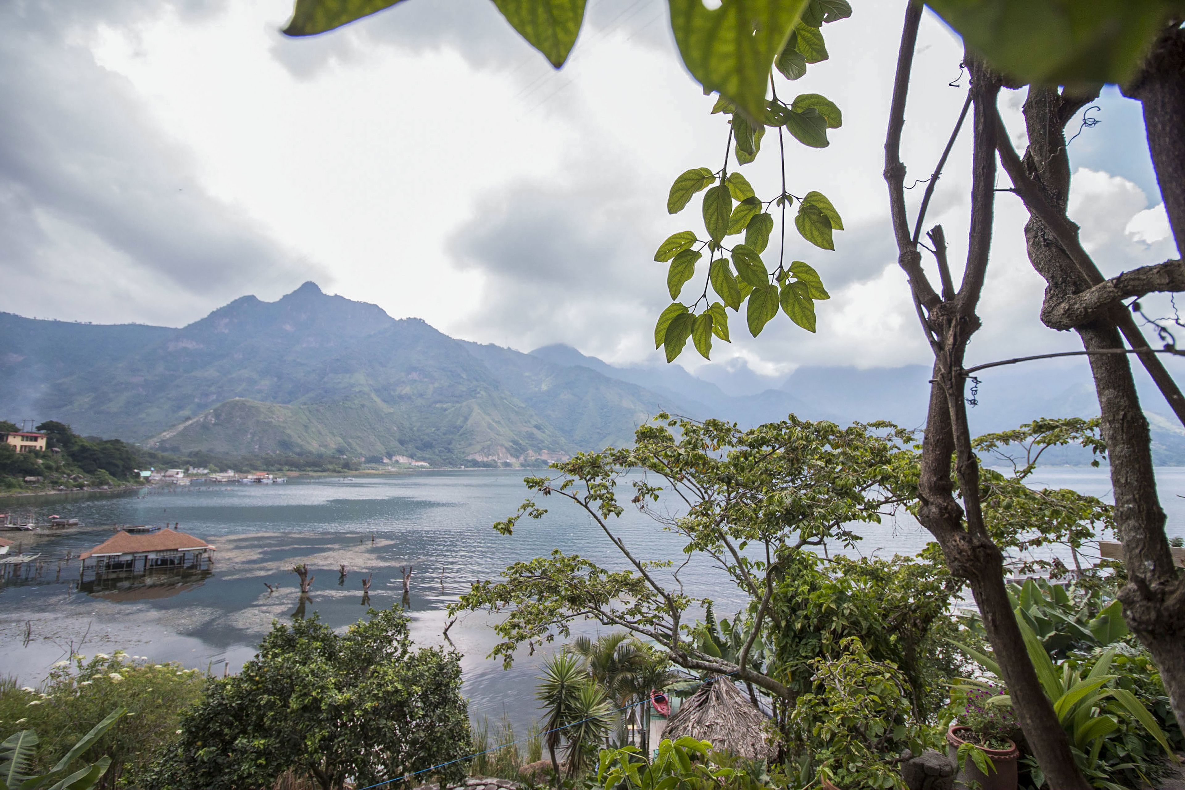 A view of a lake with mountains in the background, surrounded by greenery and a few buildings.