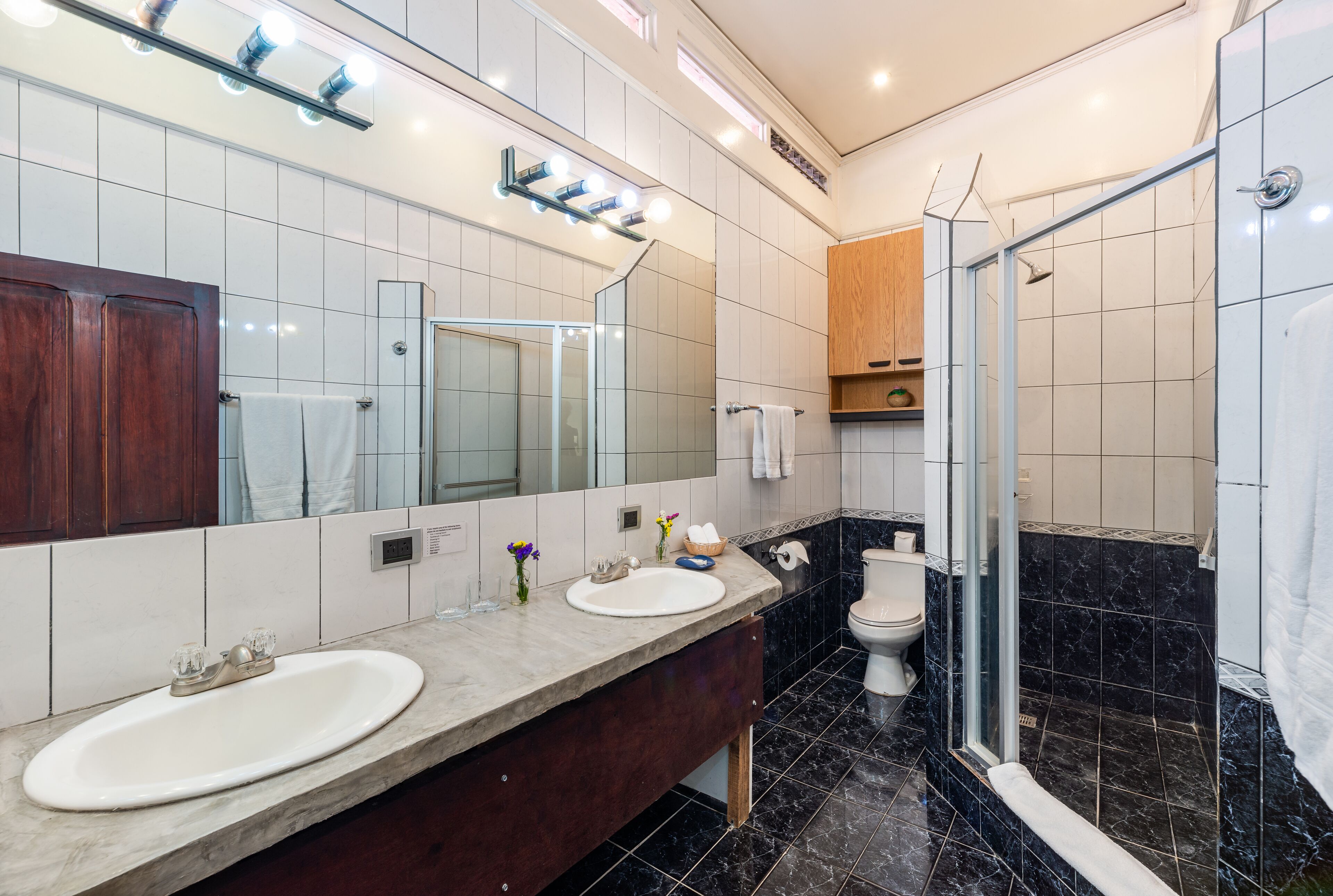 Une salle de bain moderne avec un grand miroir, un lavabo, des toilettes et un espace douche.