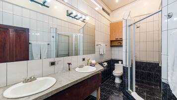Une salle de bain moderne avec un grand miroir, un lavabo, des toilettes et un espace douche.