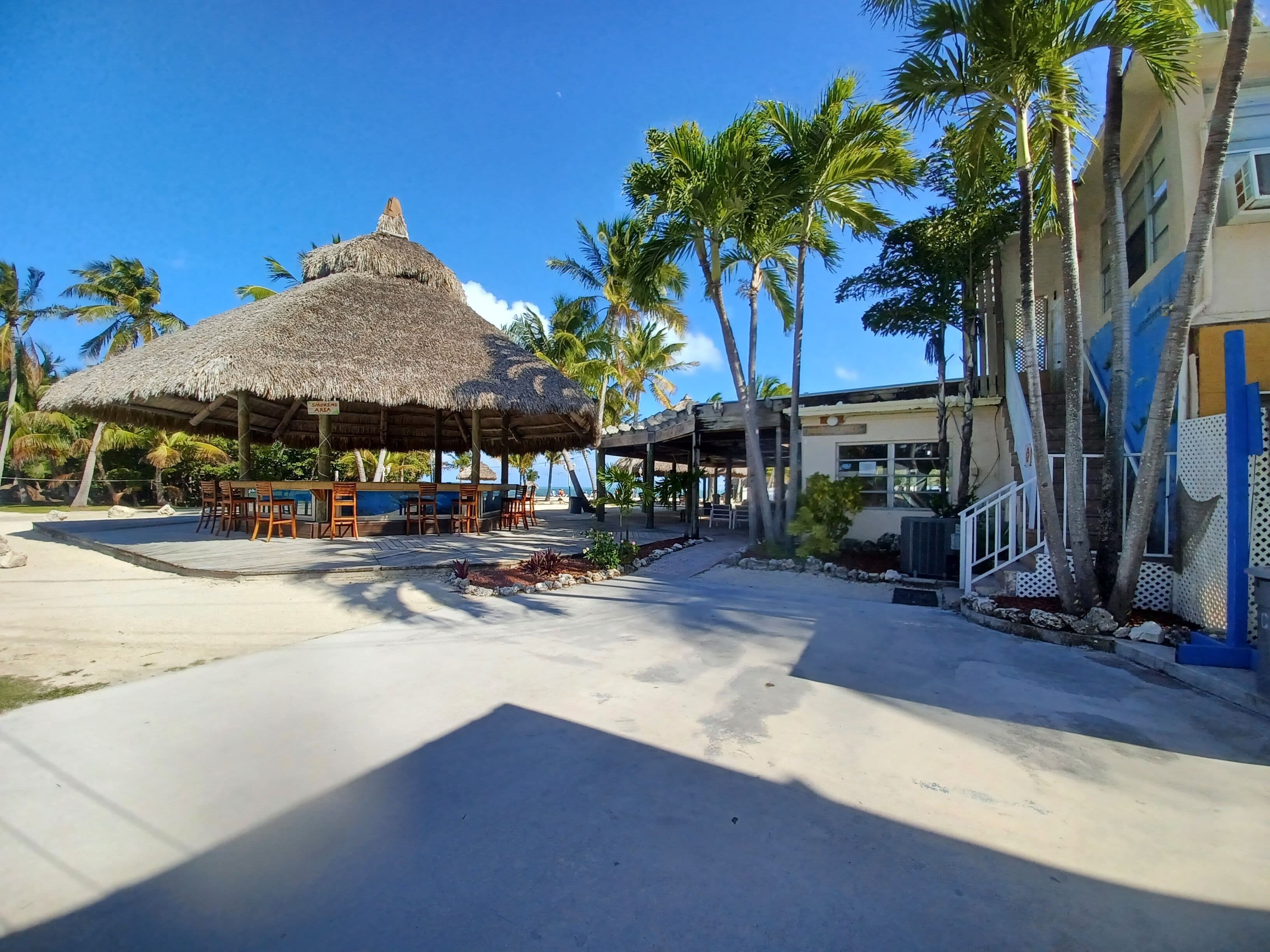 A beachside resort with a thatched-roof bar area, palm trees, and a building with a blue and white facade.