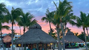 A resort with thatched-roof structures, palm trees, and a sandy beach area.