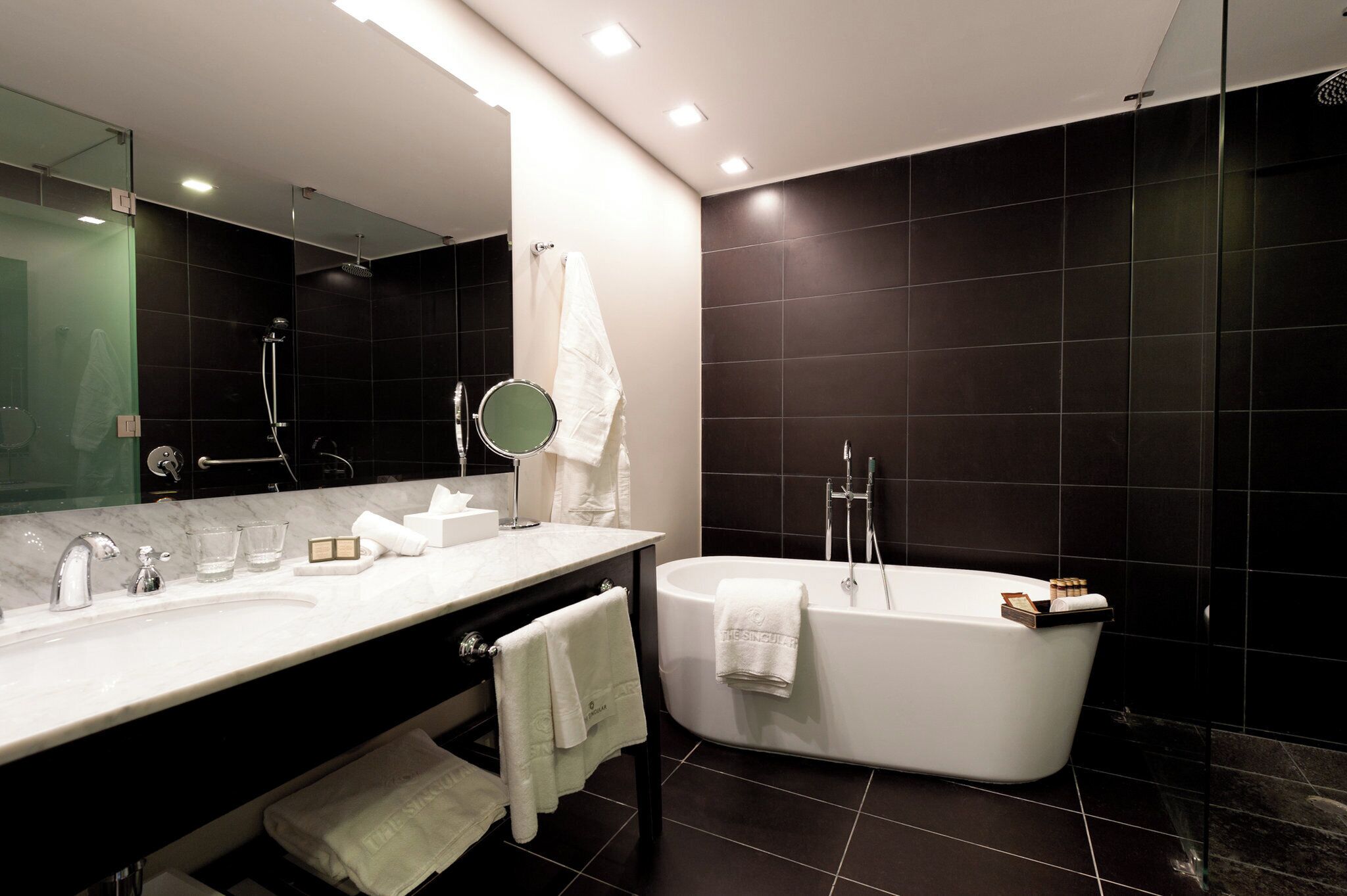 free toiletries, hair dryer, bathrobes, heated floors