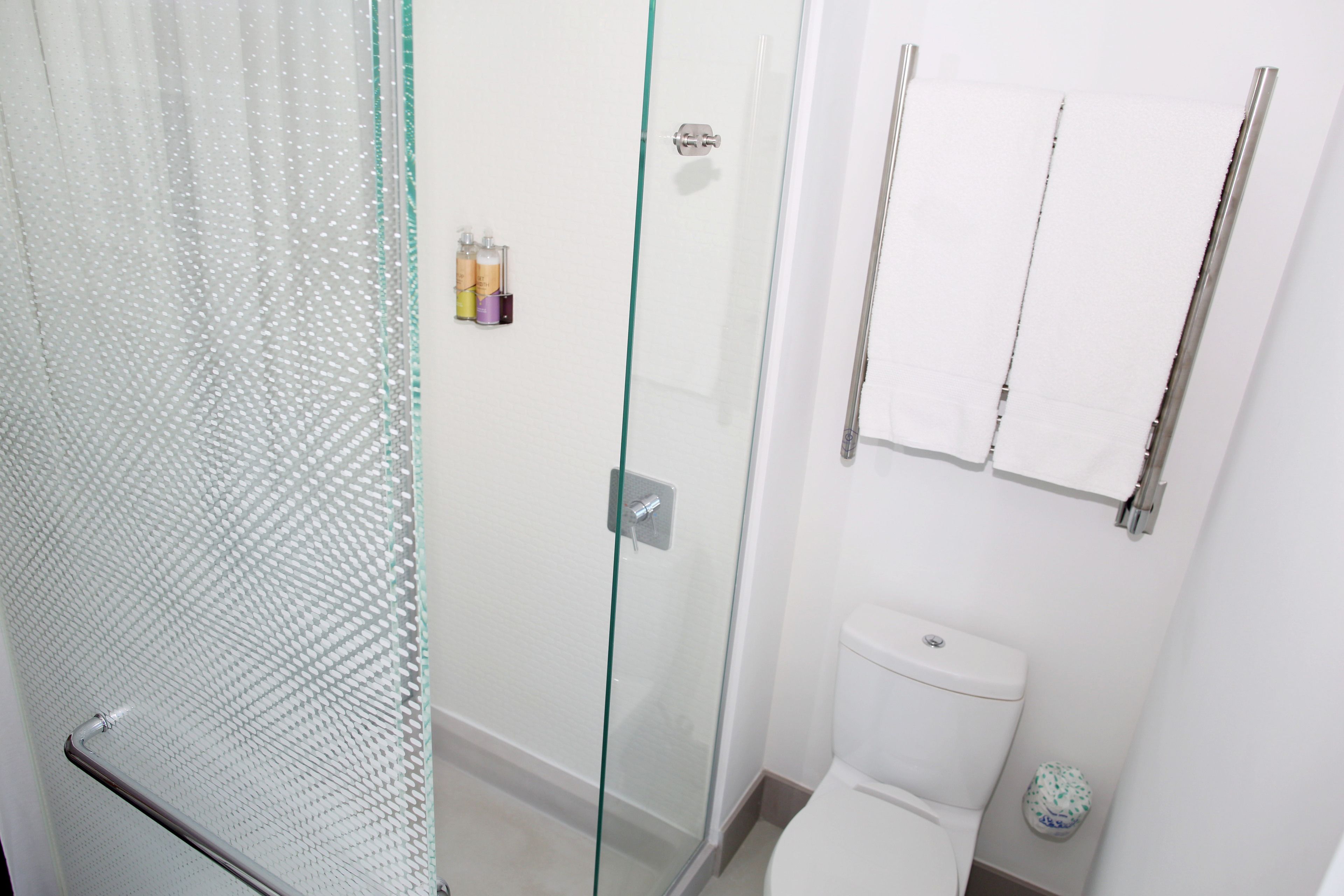 A bathroom with a glass shower enclosure, a white toilet, and a small trash bin.