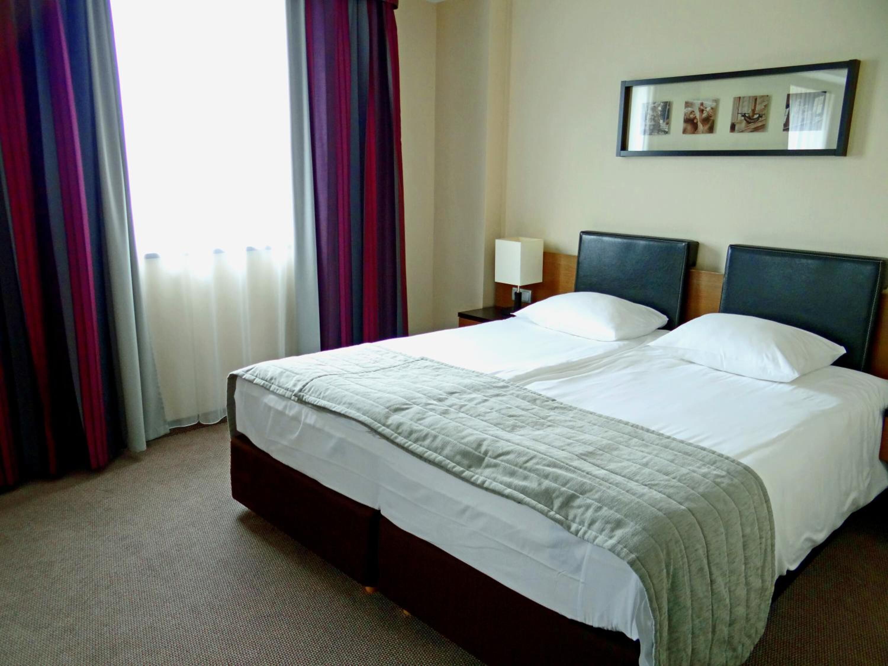 A hotel room with a large bed, a nightstand with a lamp, and a framed picture on the wall.