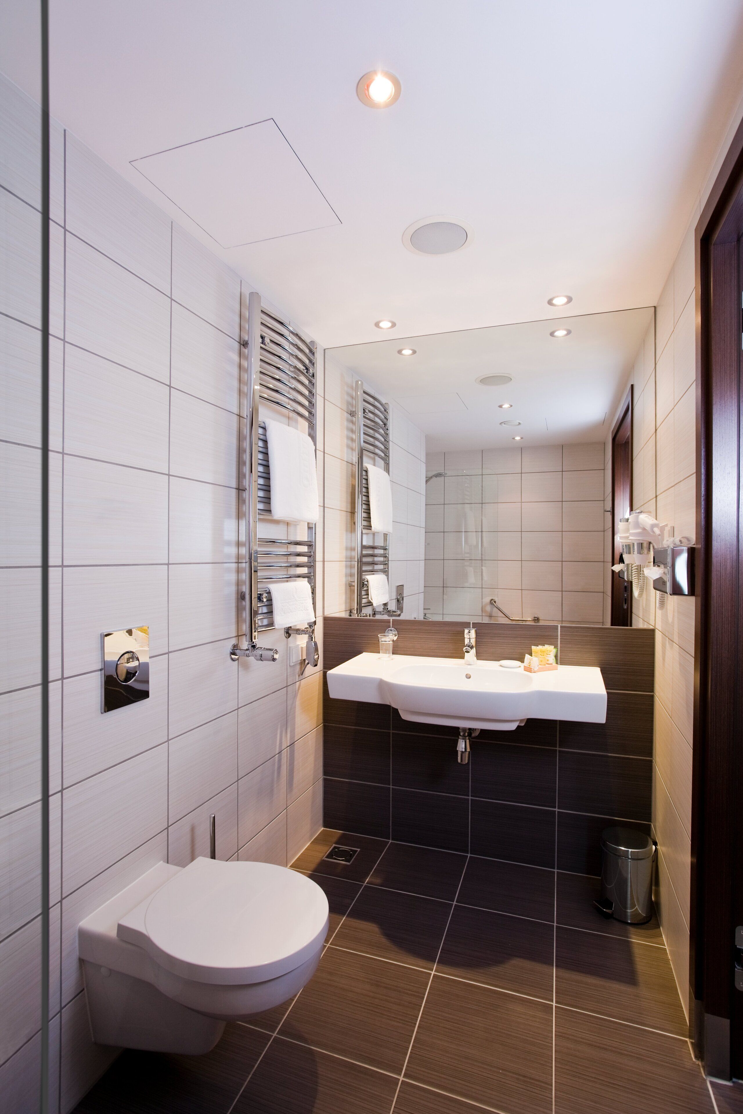 combined shower/bathtub, free toiletries, hair dryer, towels