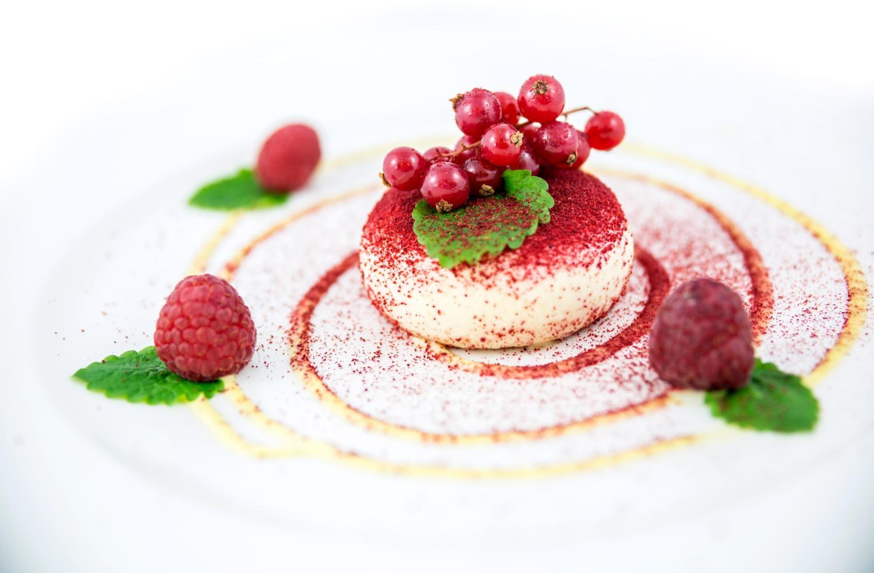 A dessert with a raspberry and berry garnish on a white plate.