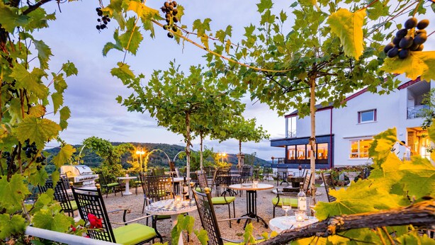 An outdoor seating area with tables and chairs, surrounded by grapevines and a building in the background. - Waldhotel Sonnenberg (Bollendorf)