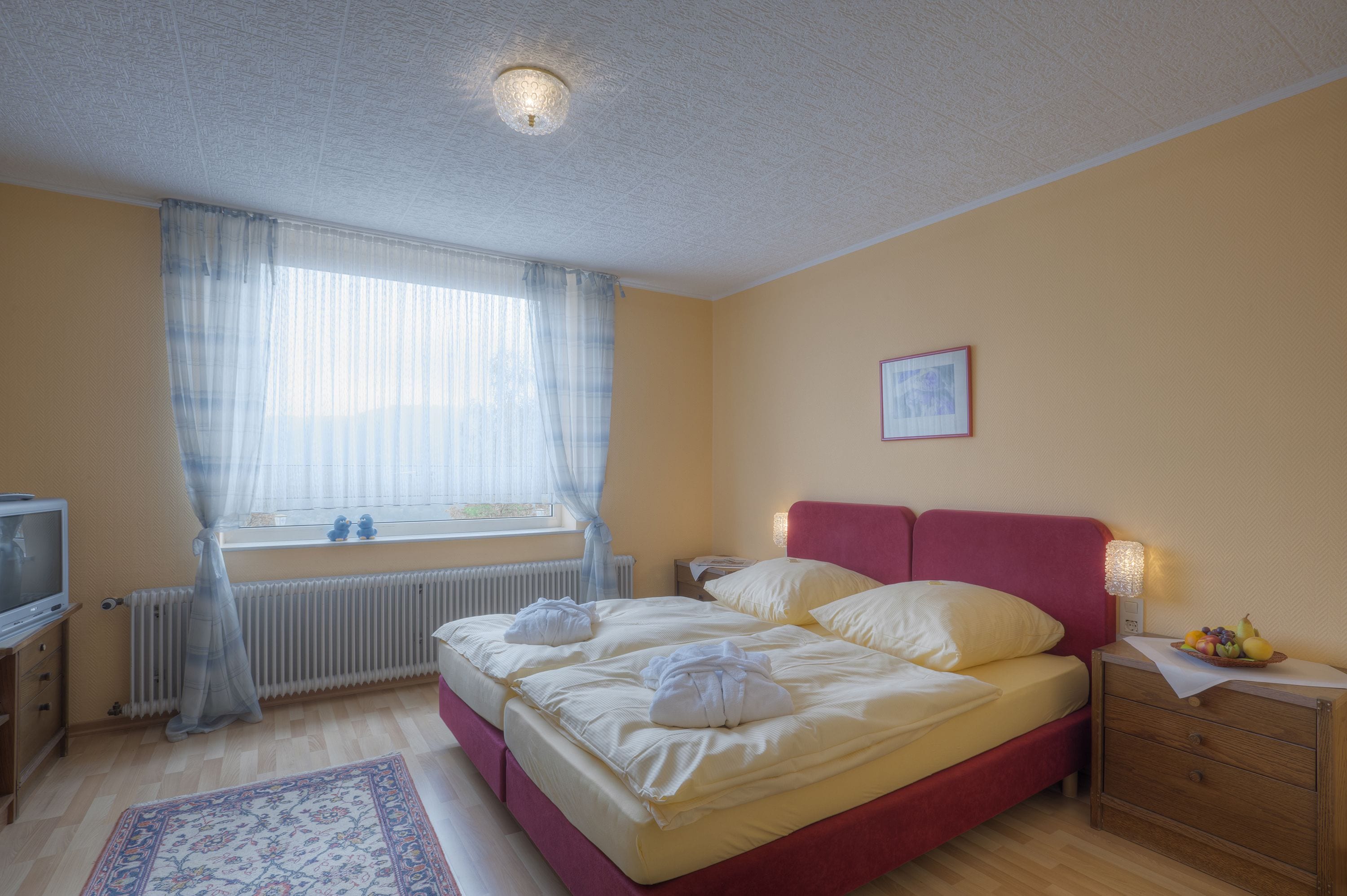 A bedroom with a bed, a bedside table with a lamp, a radiator, a window with curtains, and a television on a stand.