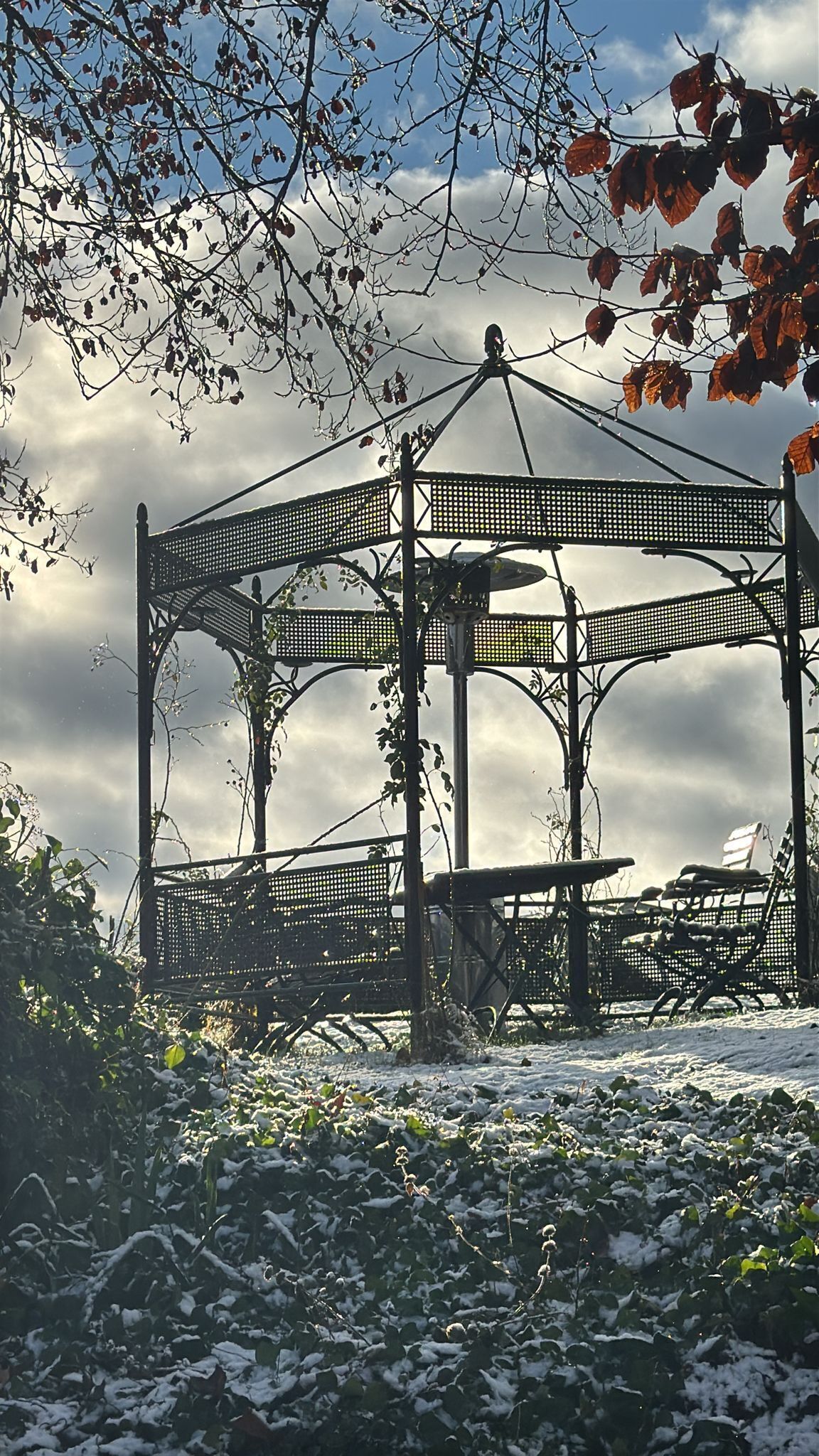 A gazebo structure with a metal roof and lattice sides, surrounded by snow-covered ground and leafless trees.