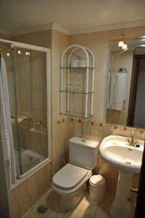 Tweepersoonskamer | Badkamer | Een douche, een haardroger, handdoeken