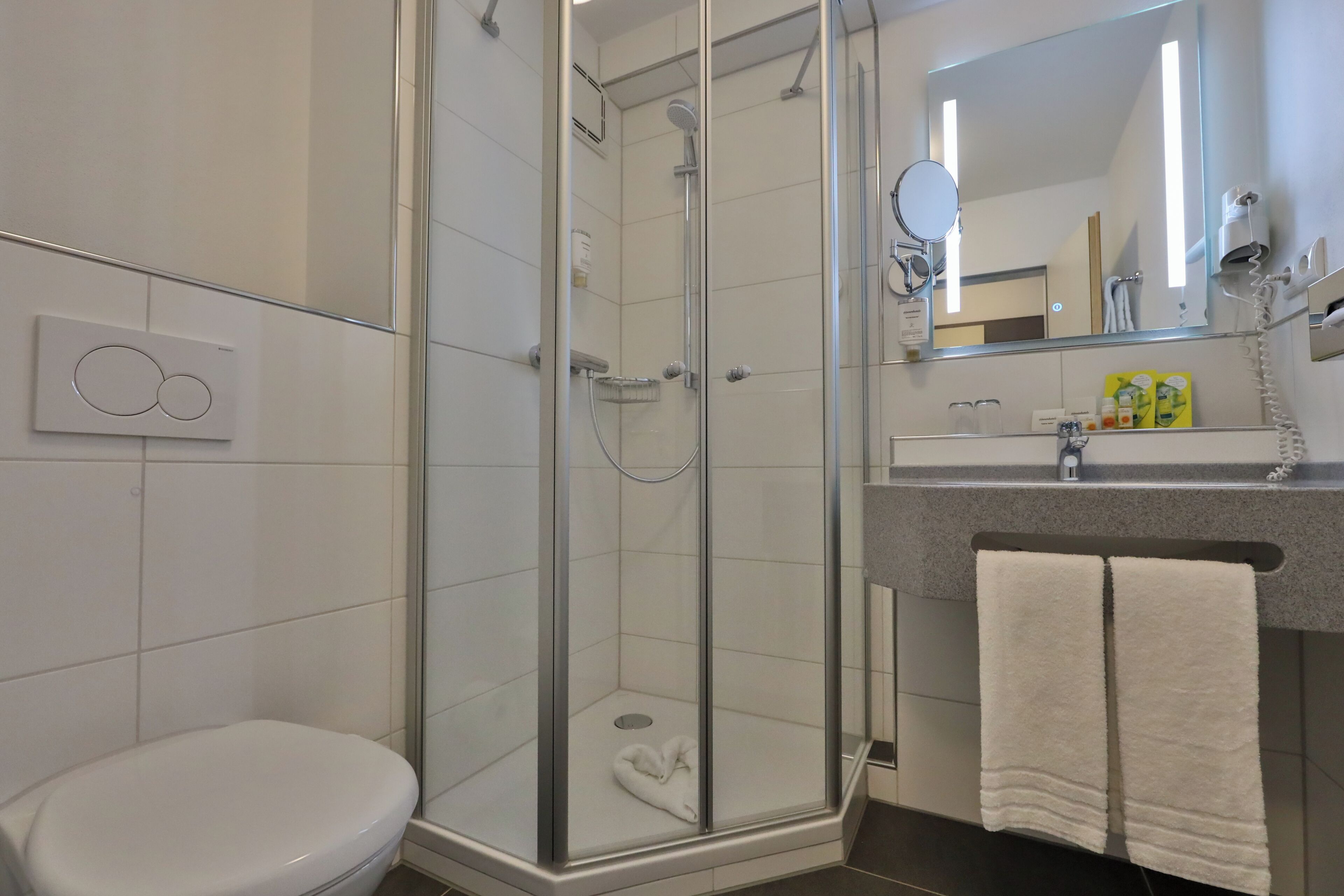 Un bagno moderno con doccia a parete in vetro, un WC, un lavandino con porta asciugamani e uno specchio.