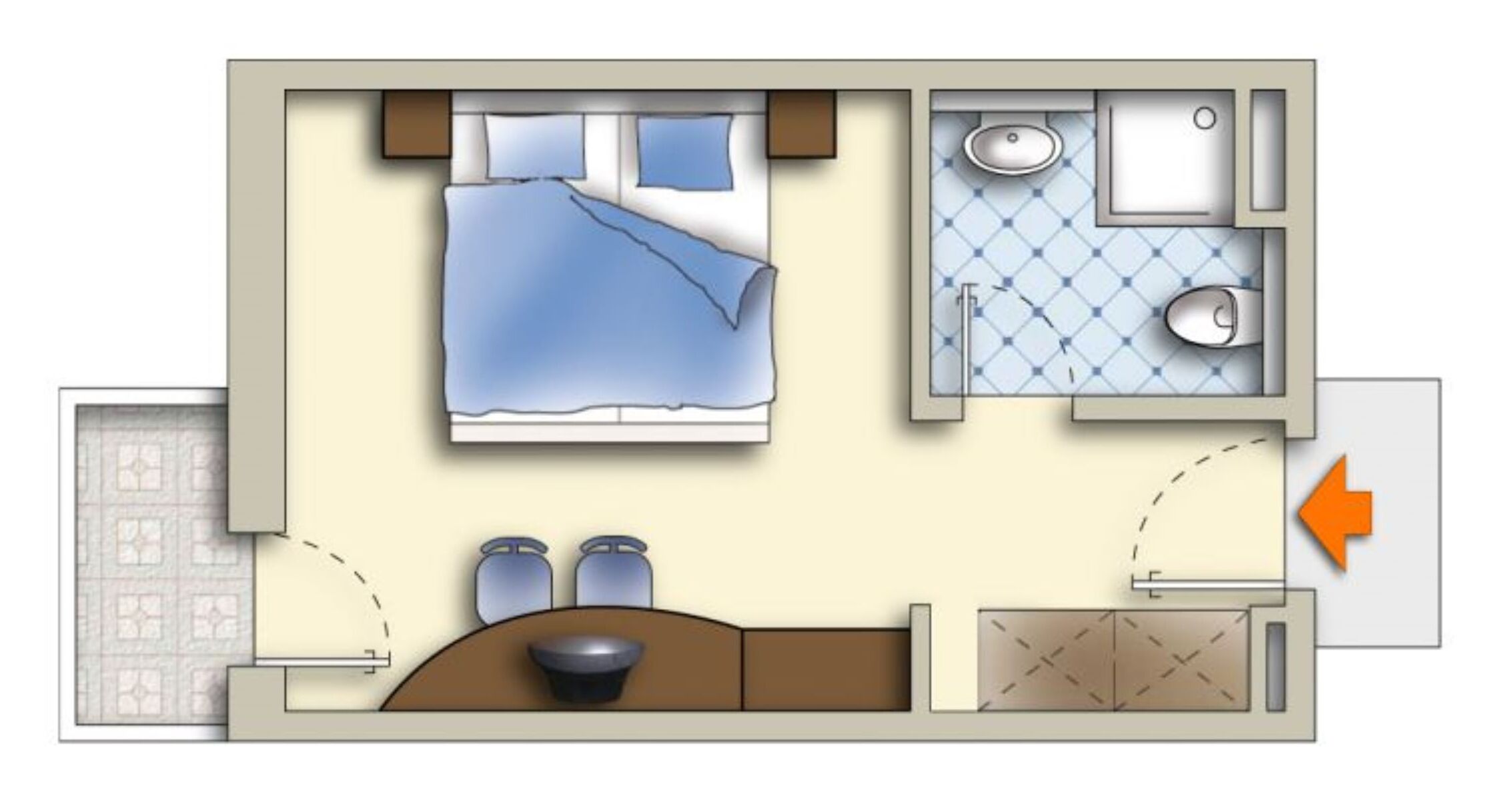 A hotel room layout with a bed, two bedside tables, a small bathroom with a sink and toilet, and a kitchenette area.