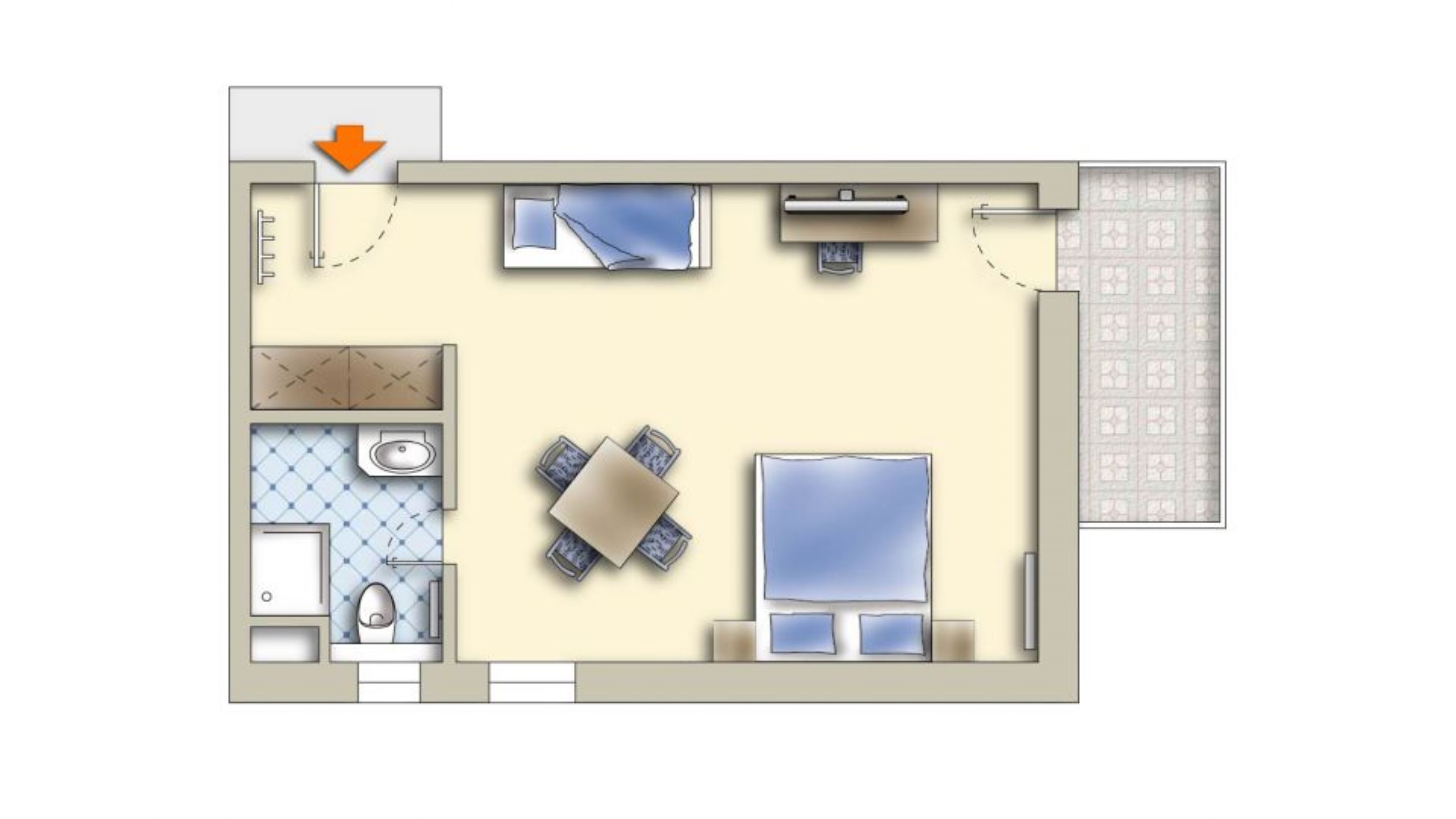 A floor plan of a hotel room with a bed, a bathroom, a small kitchen area, and a seating area.