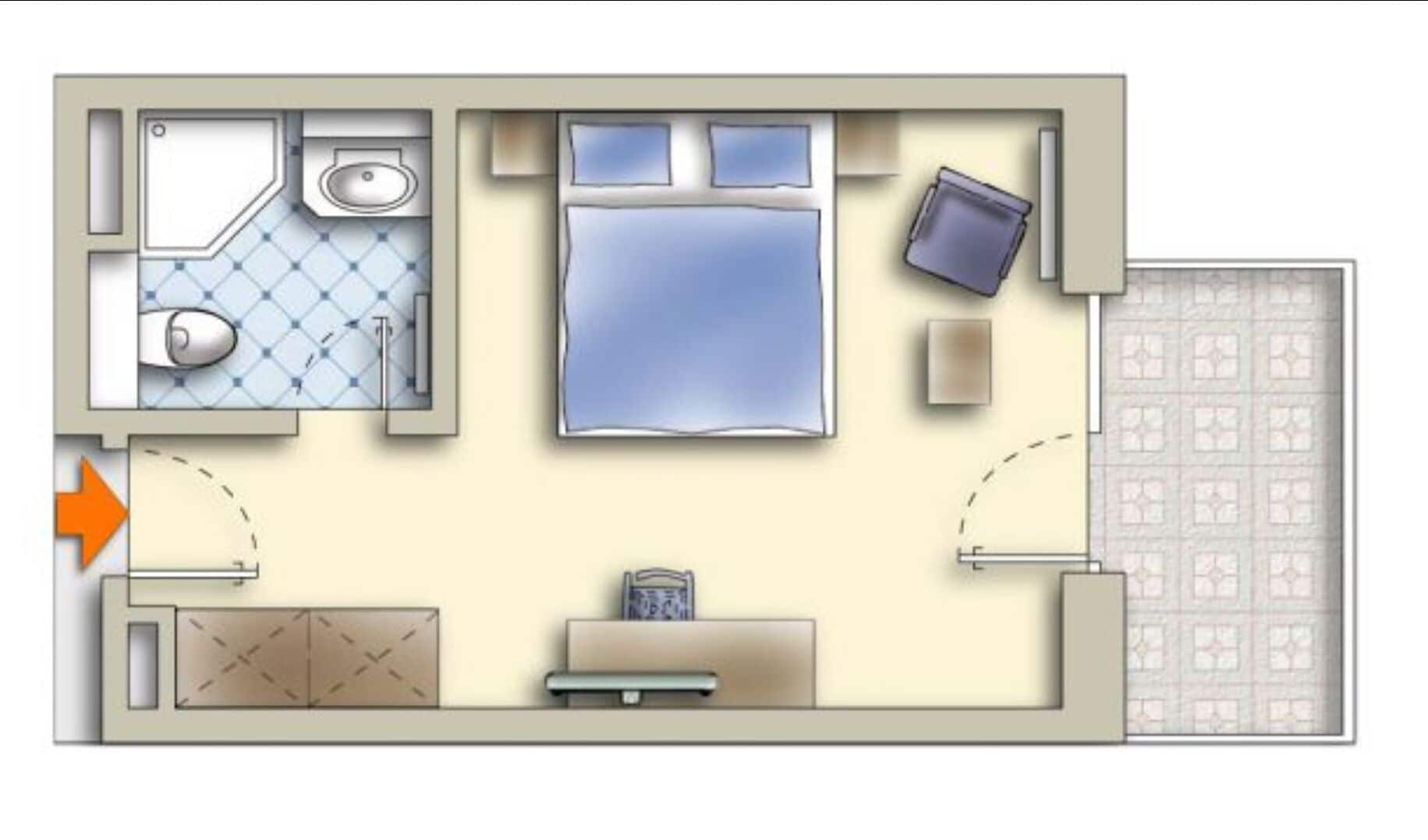 Un dormitorio con cama, mesita de noche y ventana. Hay un baño con inodoro, lavabo y ducha. La habitación tiene una puerta que da a un pasillo.