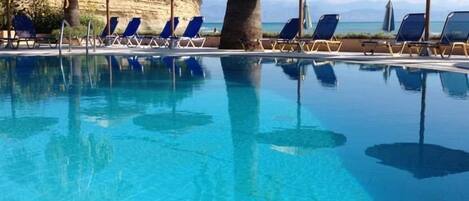 Outdoor pool, pool umbrellas, pool loungers