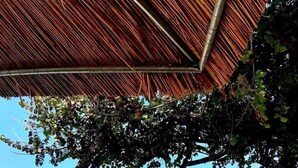 A beachside lounge area with thatched umbrellas, wooden lounge chairs, and a view of the sea. - Maria' s Beach Apartments (Corfu)