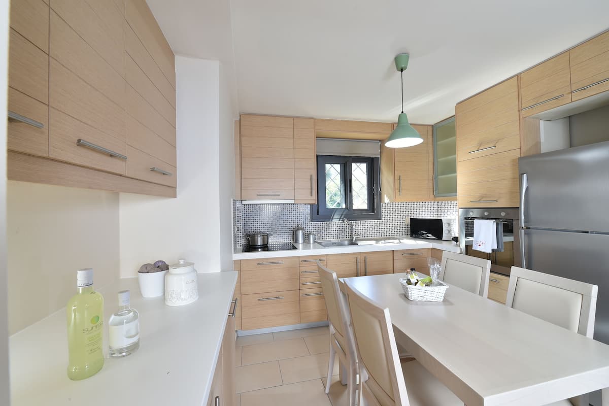 villa with shared pool - athina | private kitchen | full-sized fridge, microwave, oven, stovetop