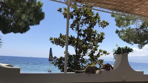 A covered outdoor area with a view of the sea, a tree, and a potted plant. - Hotel Riviera Lido (Milazzo)