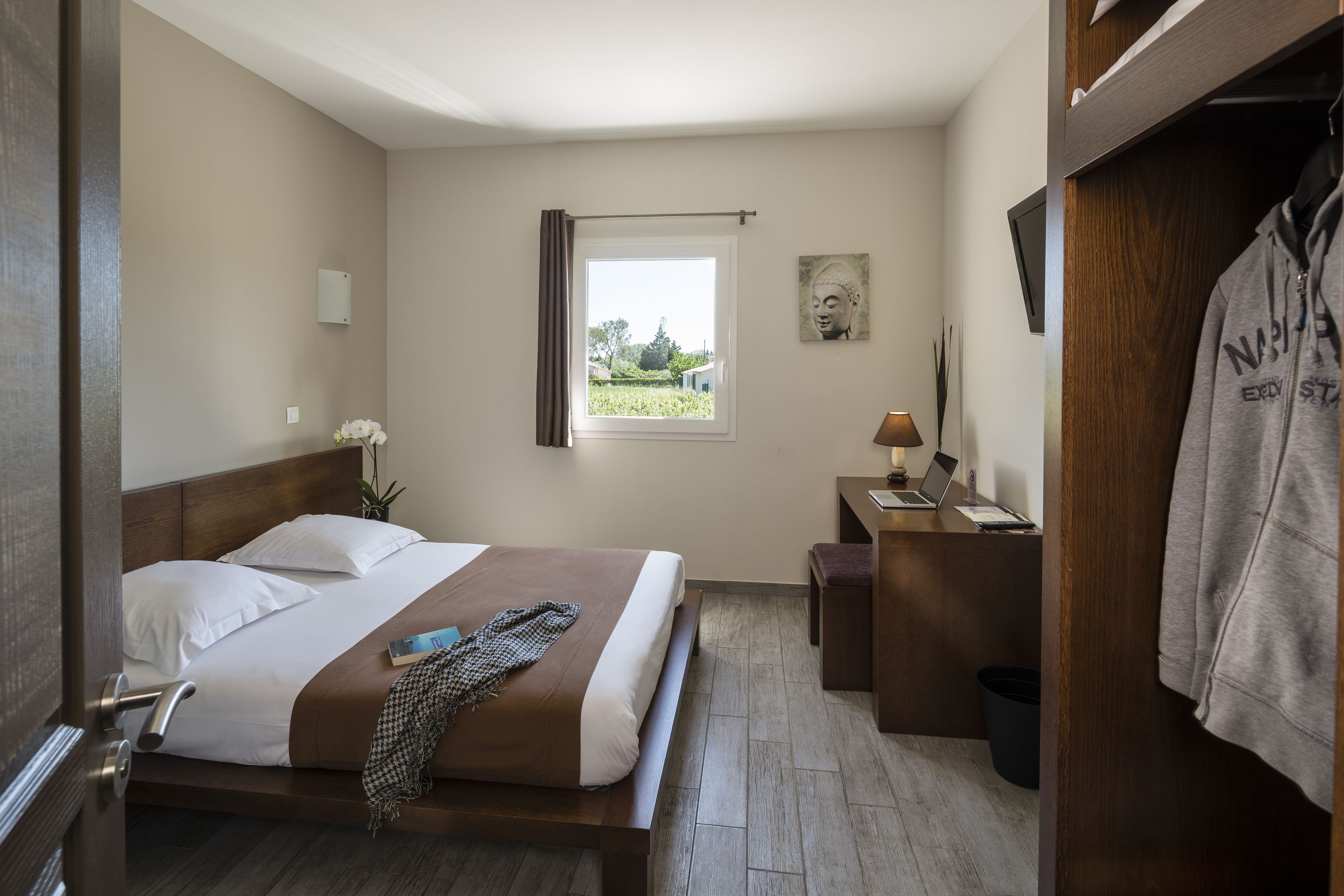 Desk, blackout curtains, soundproofing, iron/ironing board