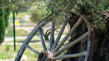 A rustic wooden cart wheel partially buried in the ground, surrounded by greenery and a stone wall.