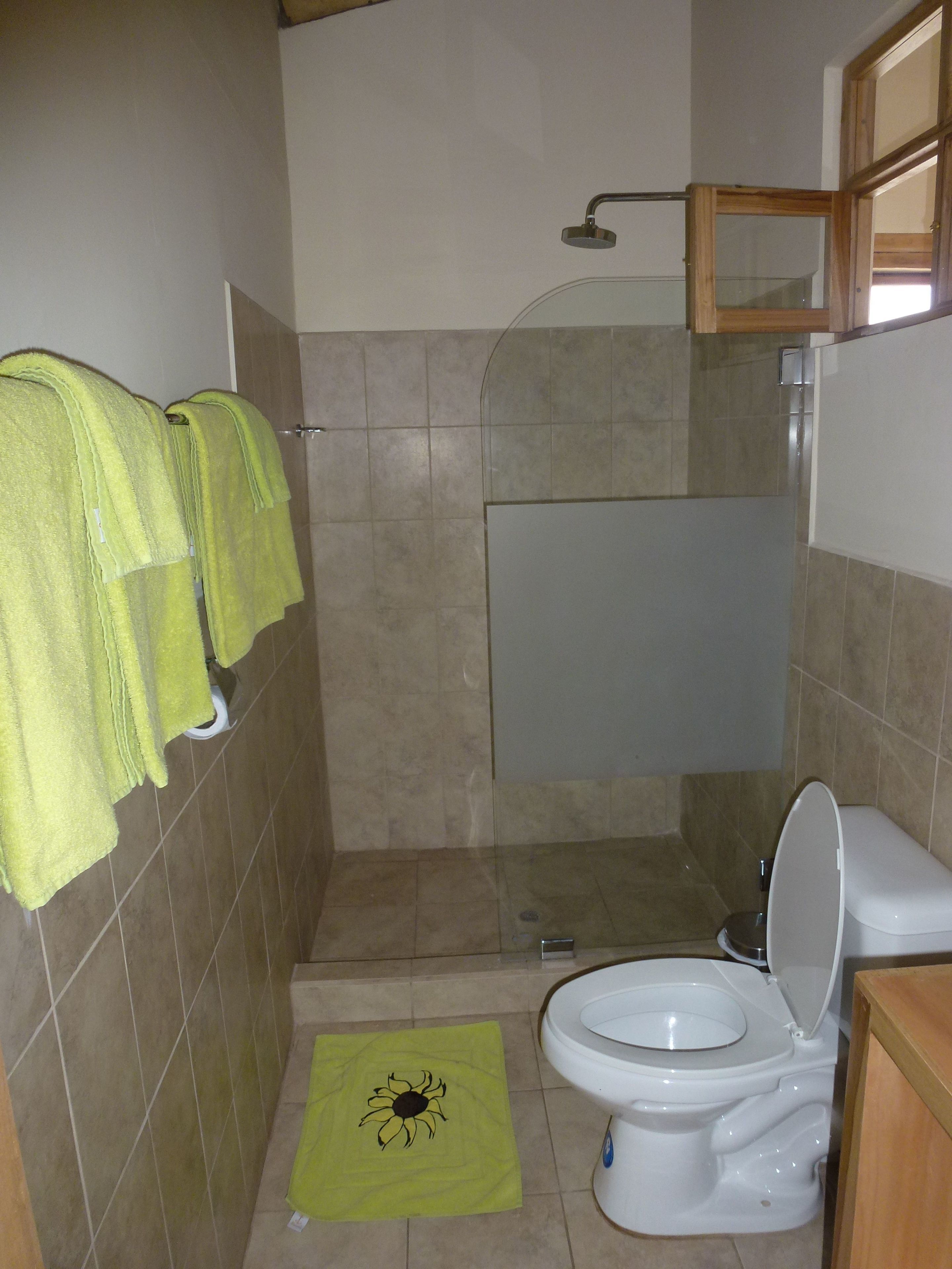 A bathroom with a shower, toilet, and a towel rack with green towels.