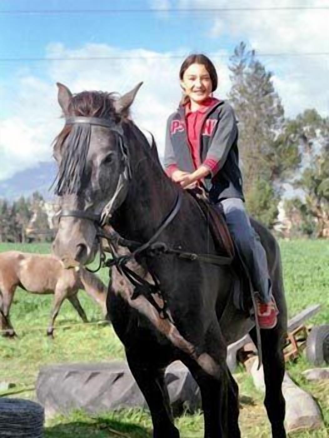 Una persona montando a caballo en un campo cubierto de hierba, con montañas al fondo.