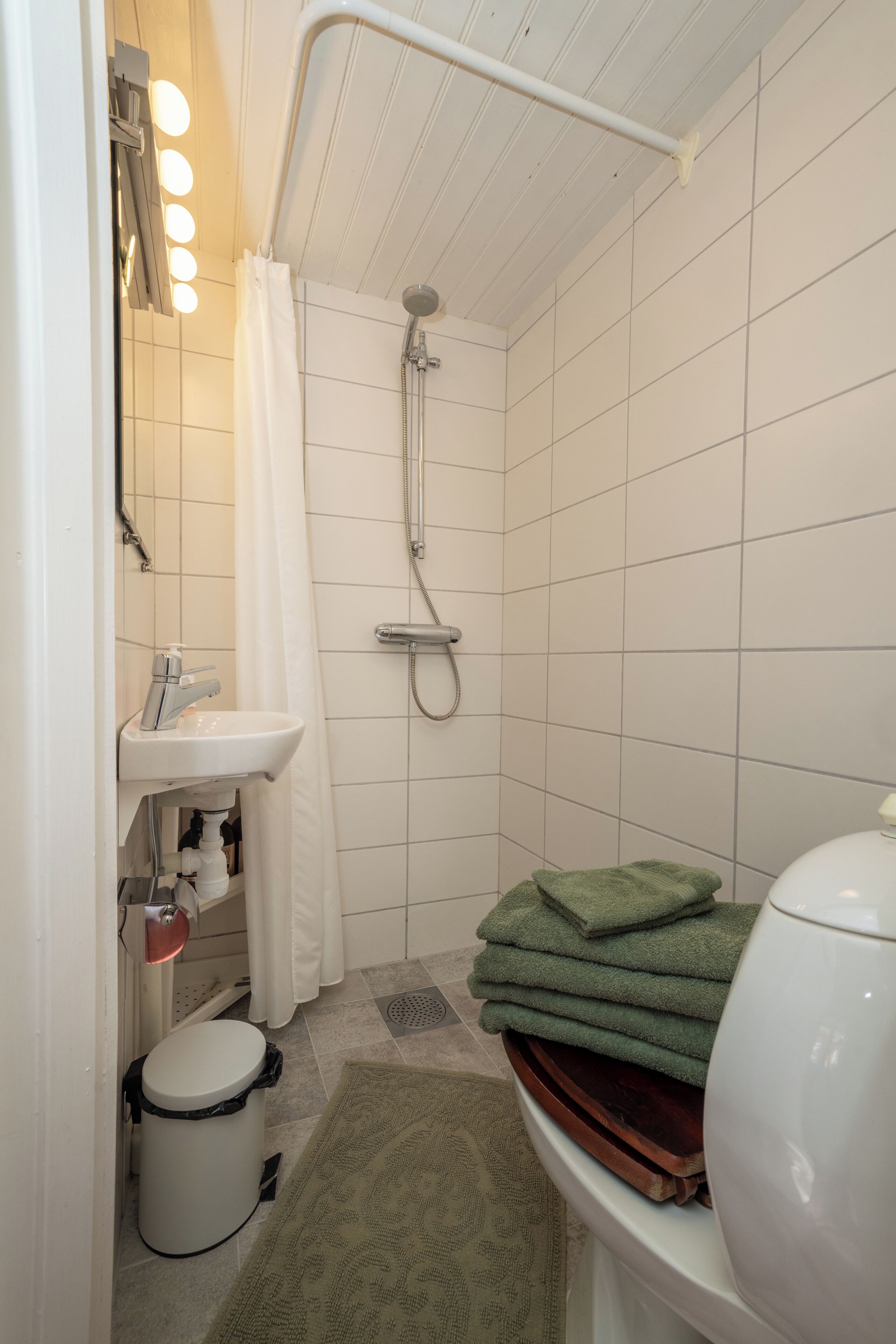 Baño con ducha, lavamanos, inodoro y toallero.