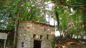 Un edificio de piedra con techo inclinado, rodeado de árboles.