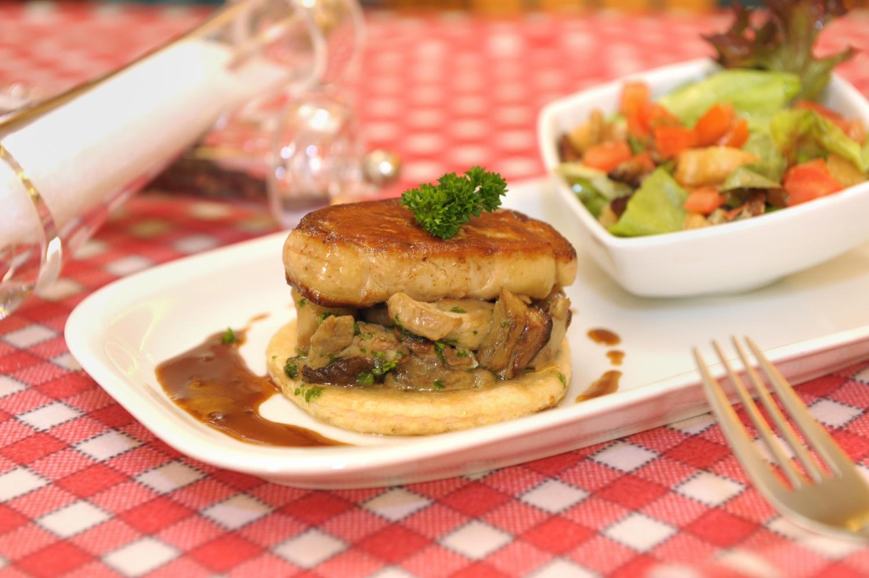 A plate with a meat sandwich and a side salad on a red and white checkered tablecloth.