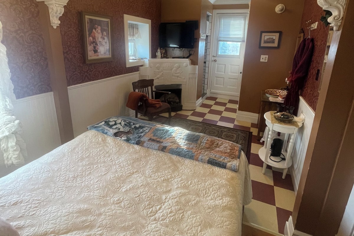 A bedroom with a large bed, a television, a fireplace, and a checkered floor.