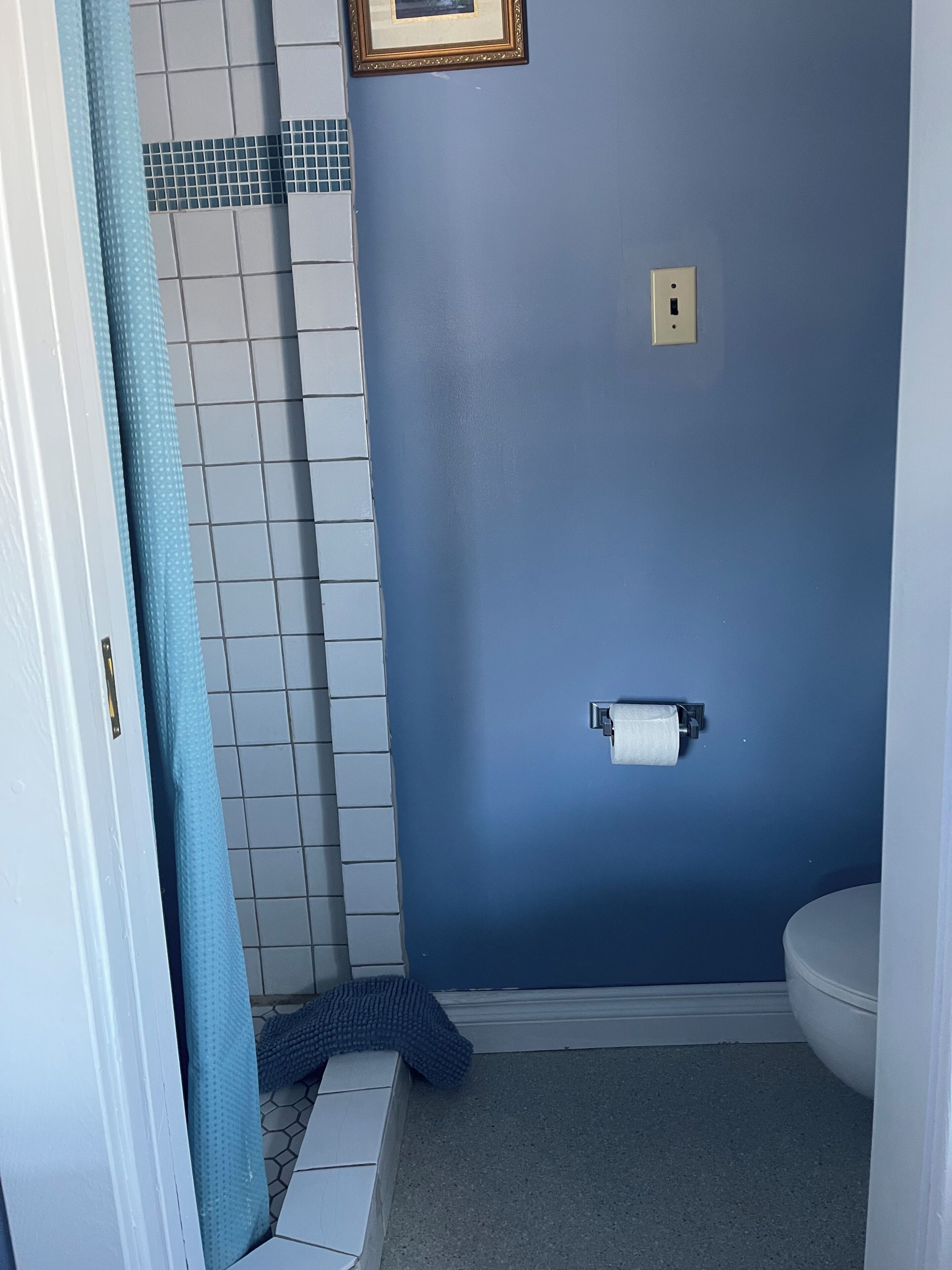 Un baño con pared azul, inodoro blanco, zona de ducha con suelo de baldosas y un perchero.