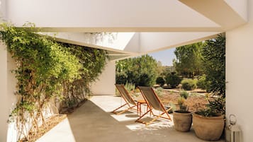 A patio with two chairs, potted plants, and a wall covered with climbing plants.