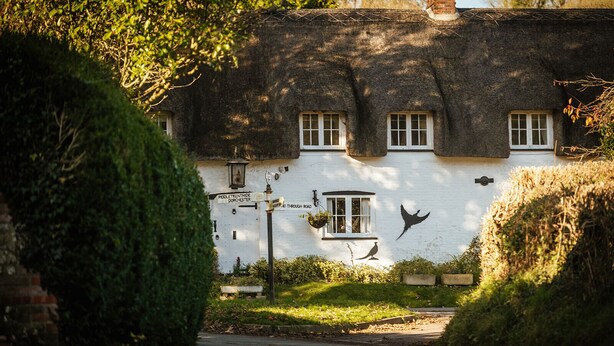 A traditional white building with a thatched roof, a signpost with directional information, and a hanging flower basket. - The Brace of Pheasants (Dorchester)