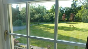 A view through a window with a stone balustrade and a grassy lawn with trees. - Glangwili Mansion (Carmarthen)