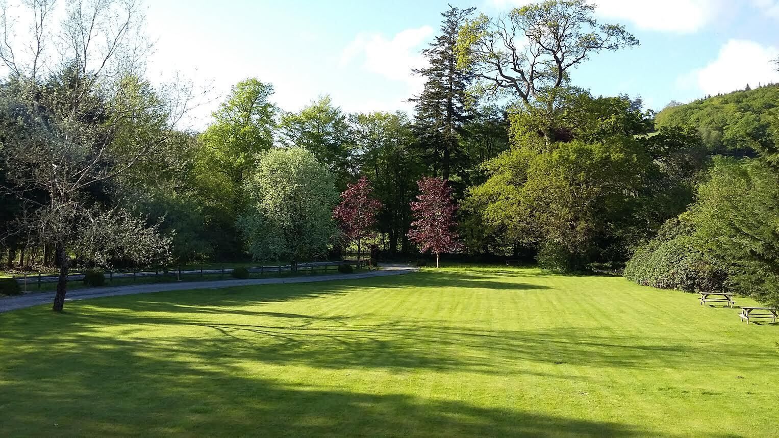 Un parque bien cuidado con césped, árboles y mesas de picnic.