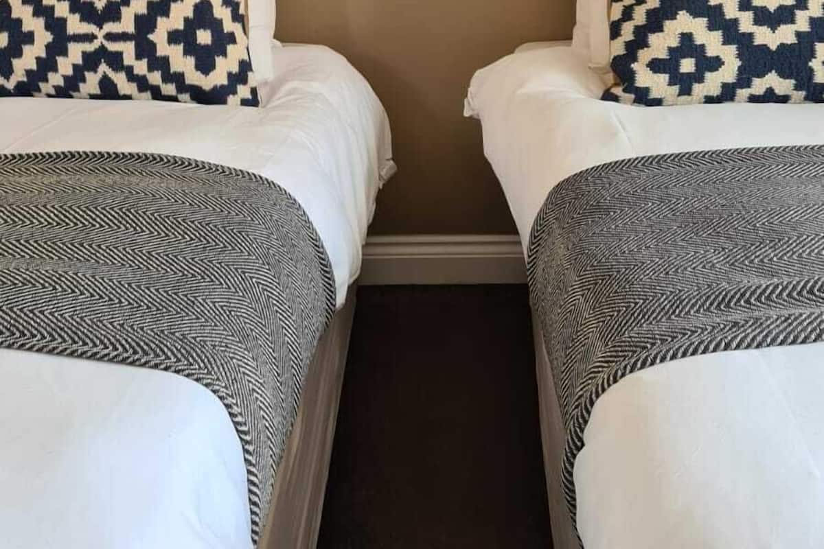 A hotel room with two beds, each with a patterned pillow and a matching throw blanket.