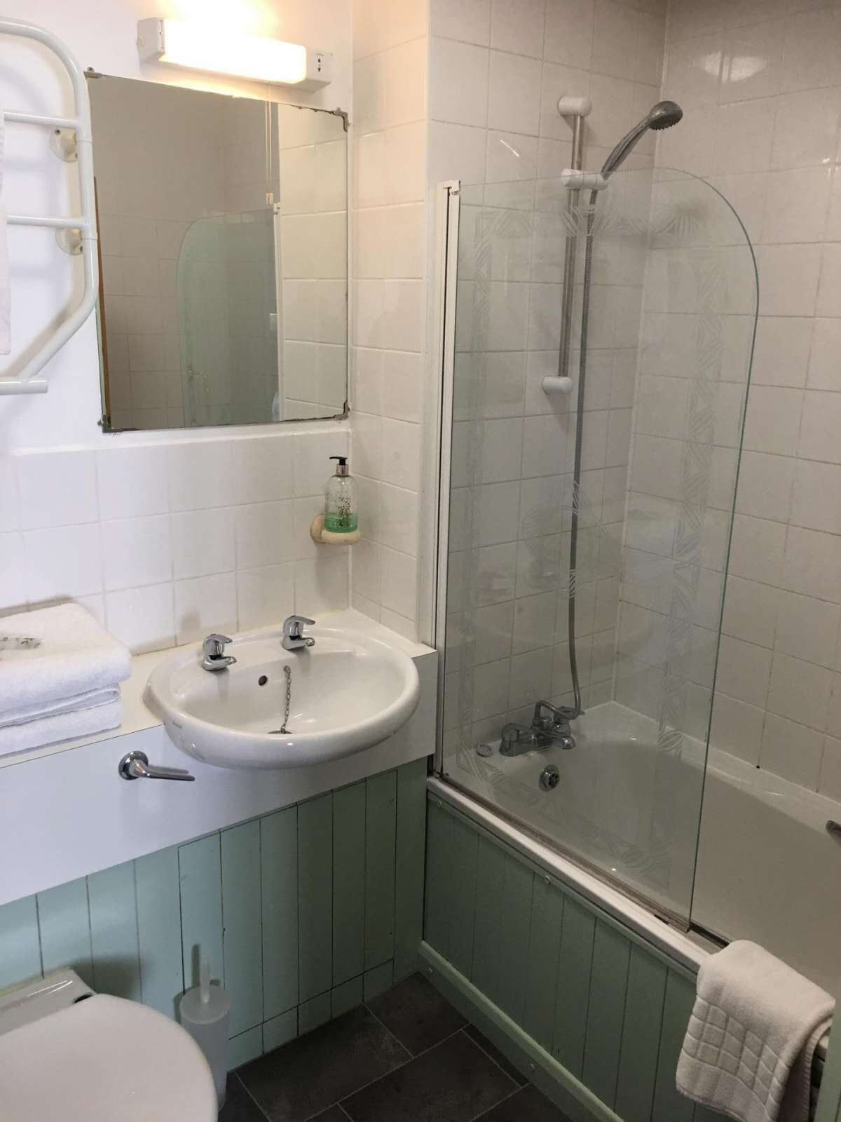 Combined shower/bathtub, free toiletries, hair dryer, towels