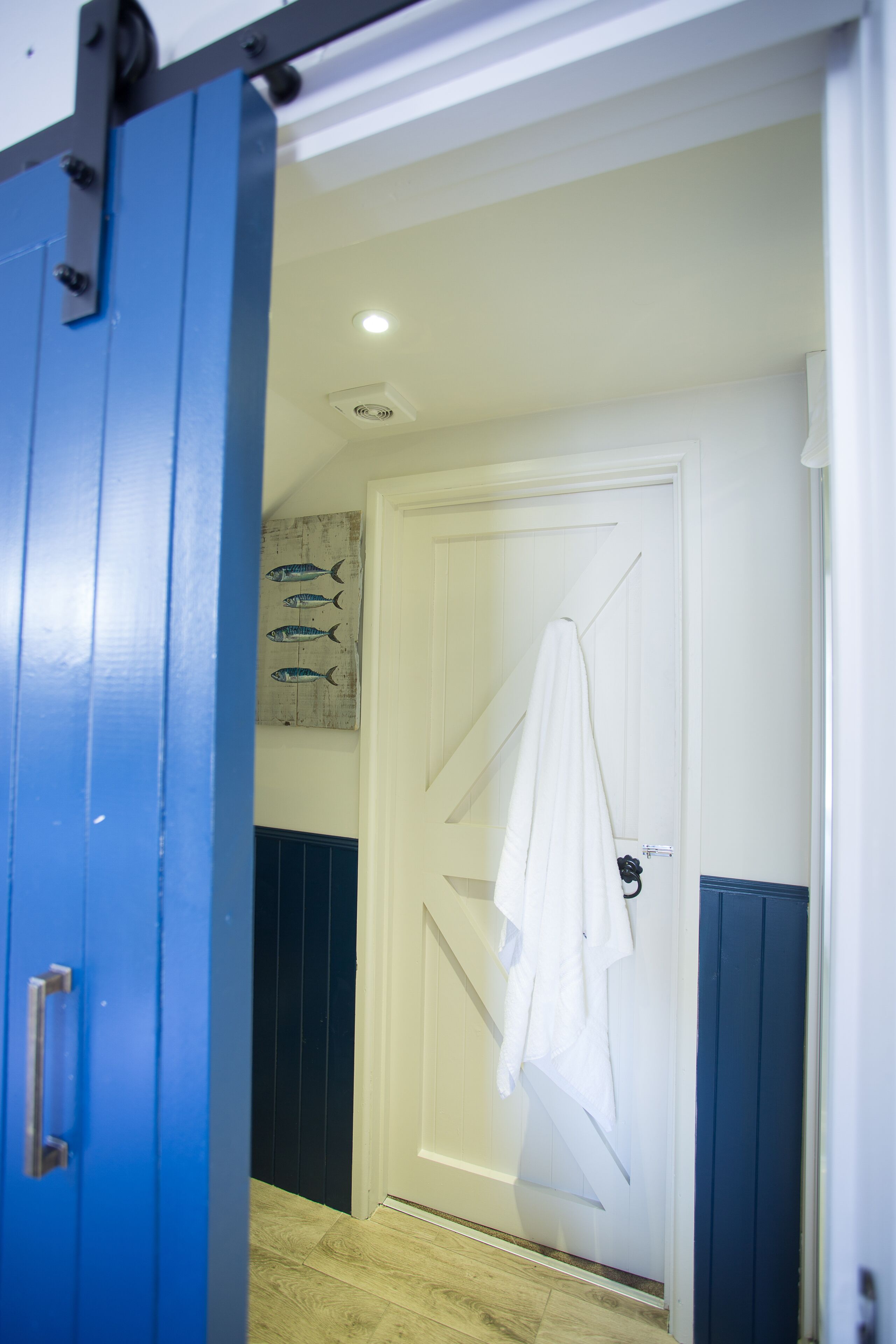 A hallway with a blue door, a white door with a towel hanging, and a wall with fish artwork.