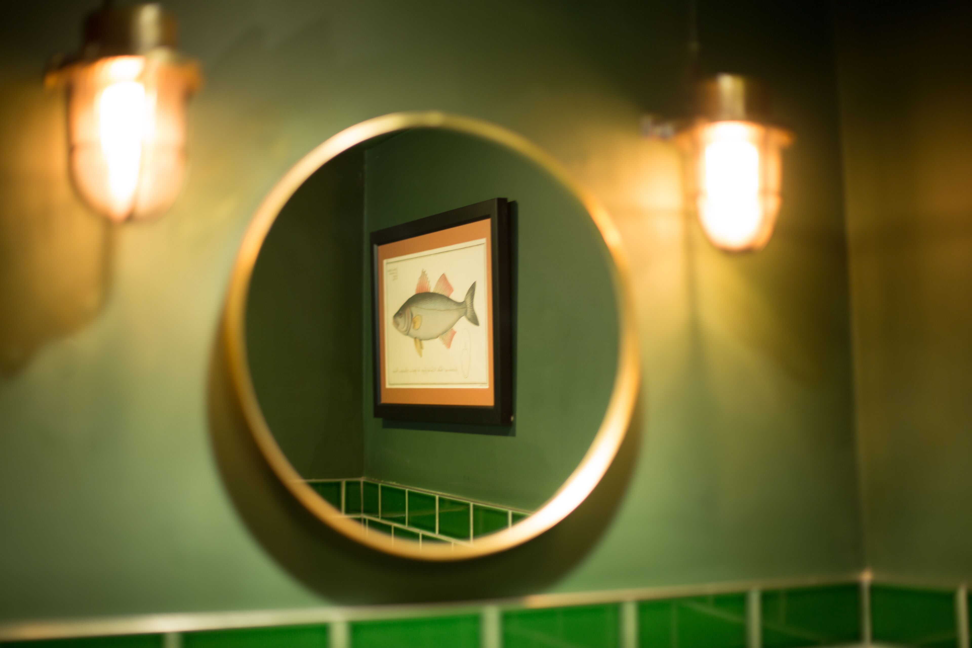 A framed fish illustration on a green wall, with two wall-mounted lights.