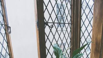 Una planta en maceta sobre un repisa de madera junto a una ventana con celosía metálica.